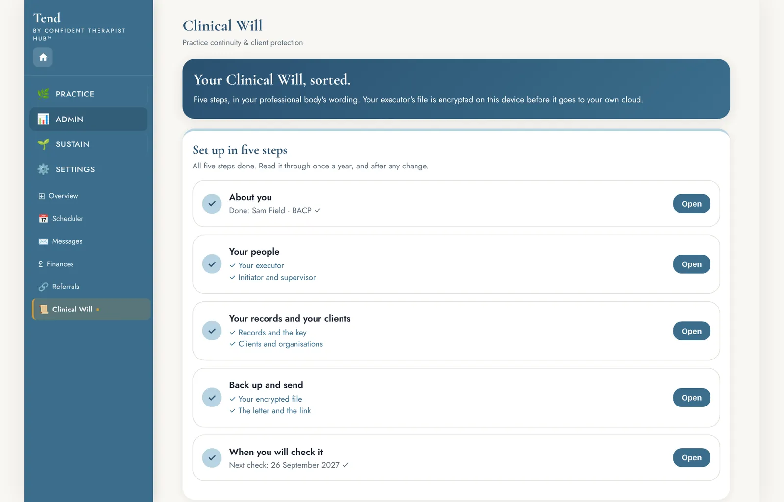 The clinical will in Tend on a computer, with five setup steps all complete.