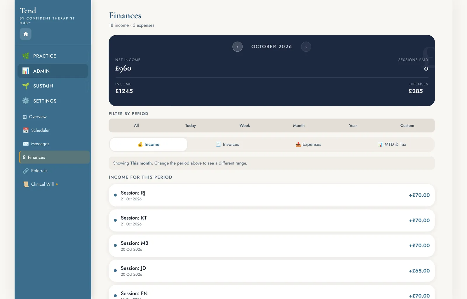 The Tend finances screen on a computer, with the month's income and expenses and a list of payments.