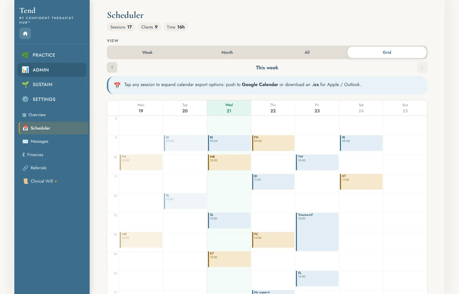 The Tend scheduler on a computer, showing a week as a calendar grid with client sessions, supervision and a CPD webinar.