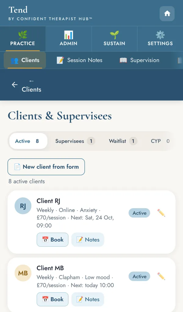 Clients and supervisees list, with frequency, location, fee and next session for each.
