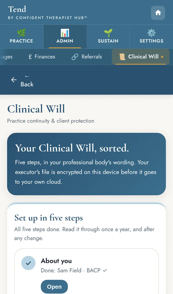 The Tend clinical will screen on a phone, with all five setup steps ticked.