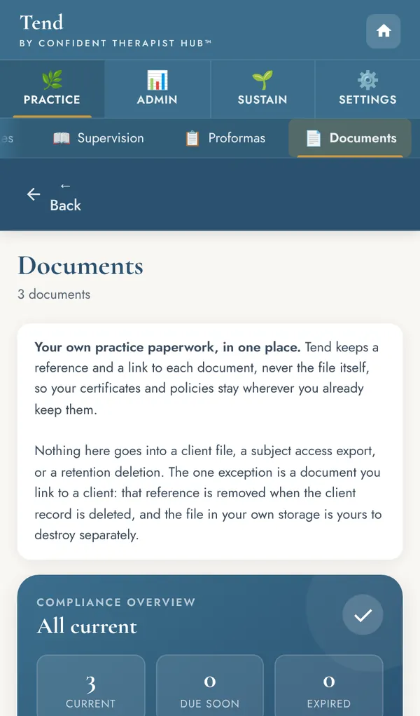 Documents screen with a compliance overview showing three documents current.