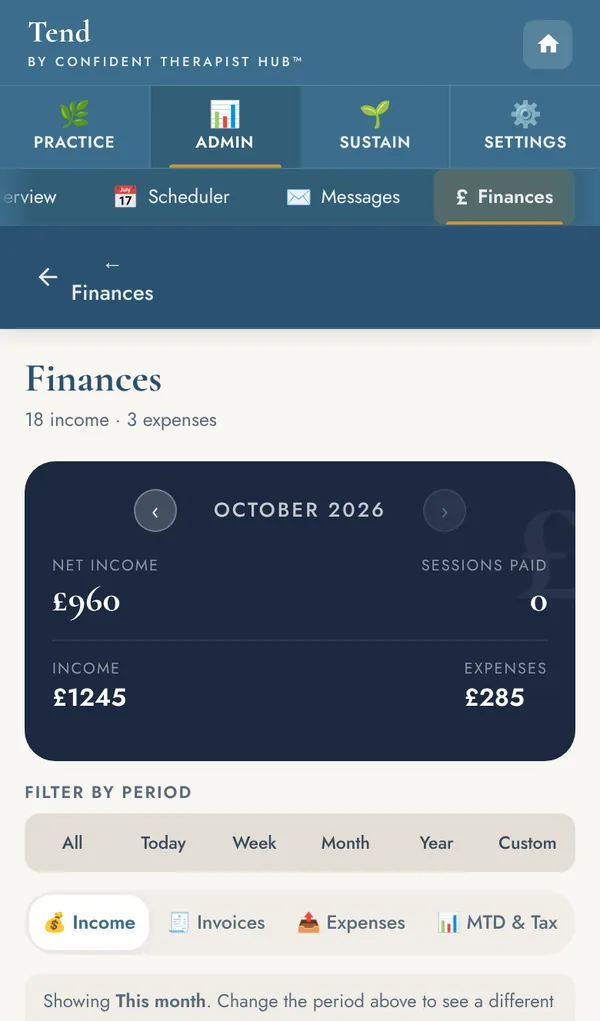 Finances screen with net income, income and expenses for the month, and filters.