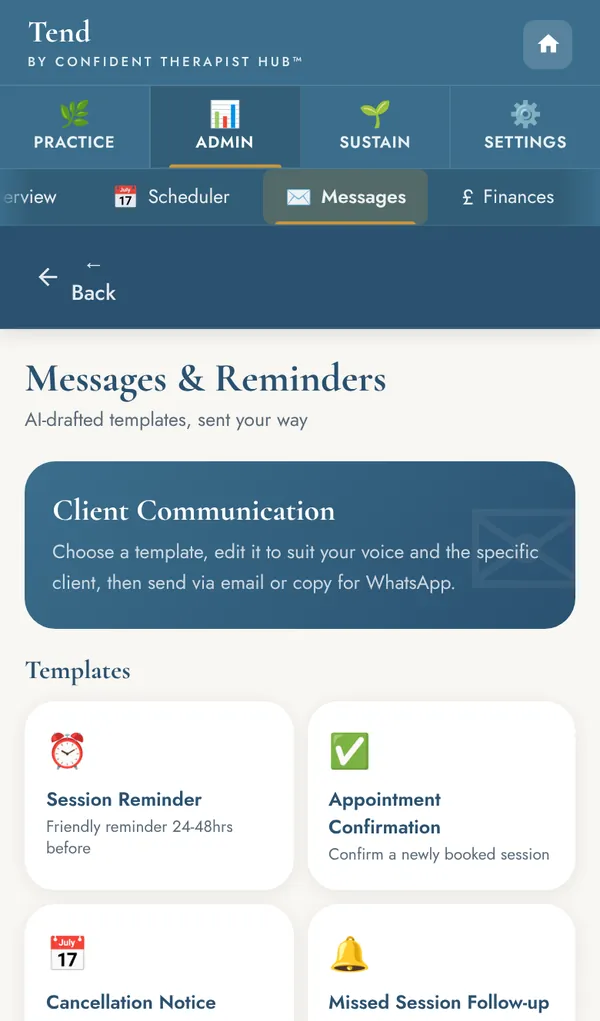 Messages and reminders screen with templates for session reminders, confirmations and cancellations.