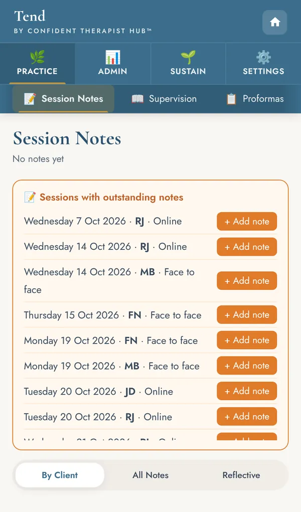 Session notes screen listing sessions that still need a note, each with an Add note button.