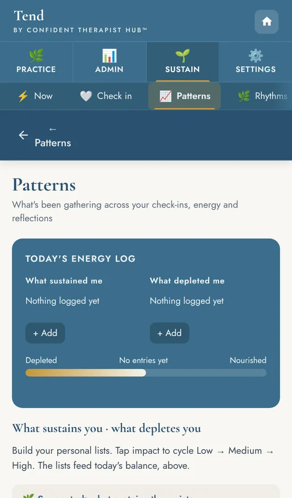 Patterns screen with today's energy log of what sustained and what depleted you.