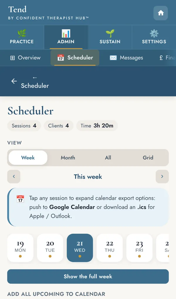 Scheduler on a phone, showing this week's days and a tip about calendar export.
