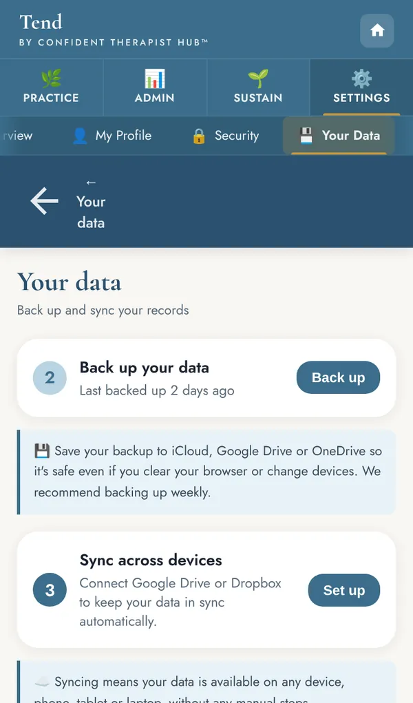 Your data screen with backup and sync steps.