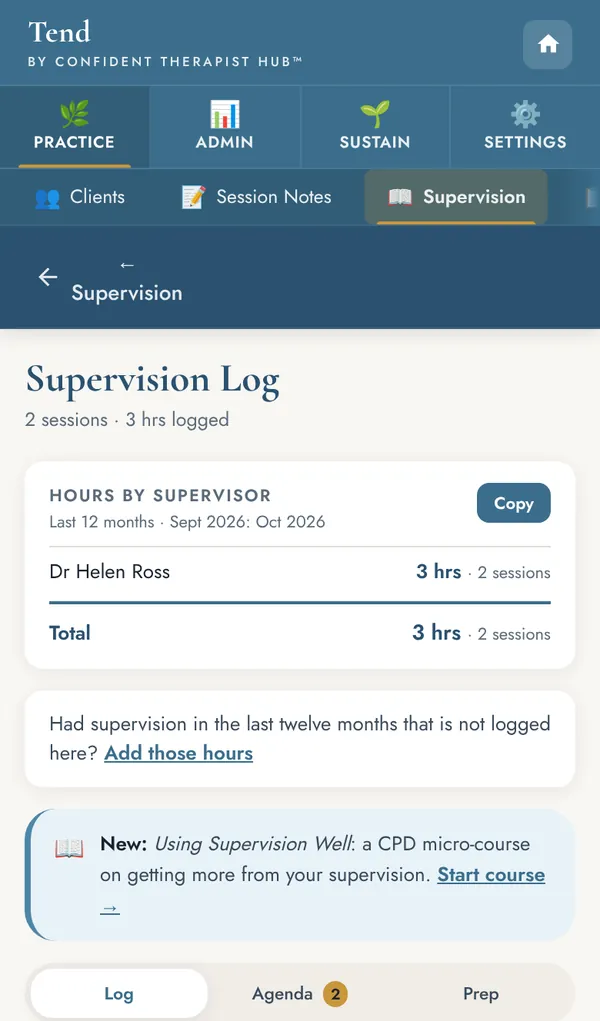 Supervision log with hours by supervisor and tabs for the log, agenda and preparation.